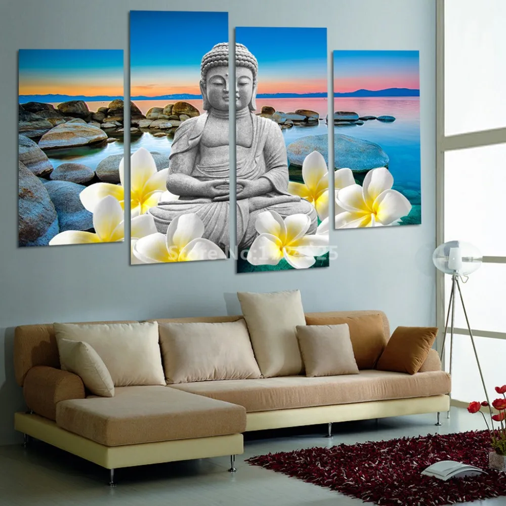 2017 Promotion New 4 Panels For Buddha Picture Modern Wall Decor Hd Print Seaview Cuadros Decoracion Painting On Canvas Mural | Дом и сад
