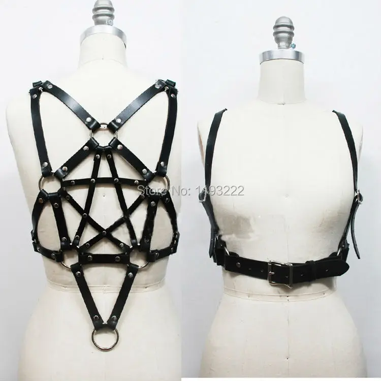 Женский кожаный ремень со звездами черный пояс ручной работы с пентаграммой