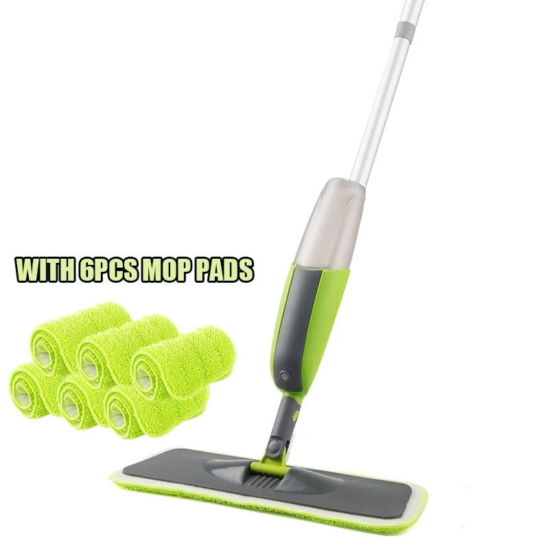 green with 6pcs pads Волшебная швабра с распылителем, деревянный пол с многоразовыми подушечками из микрофибры, ручка 360 градусов, домашние окна, кухонные швабры, метла, чистящие инструменты - Цвет: green with 6pcs pads