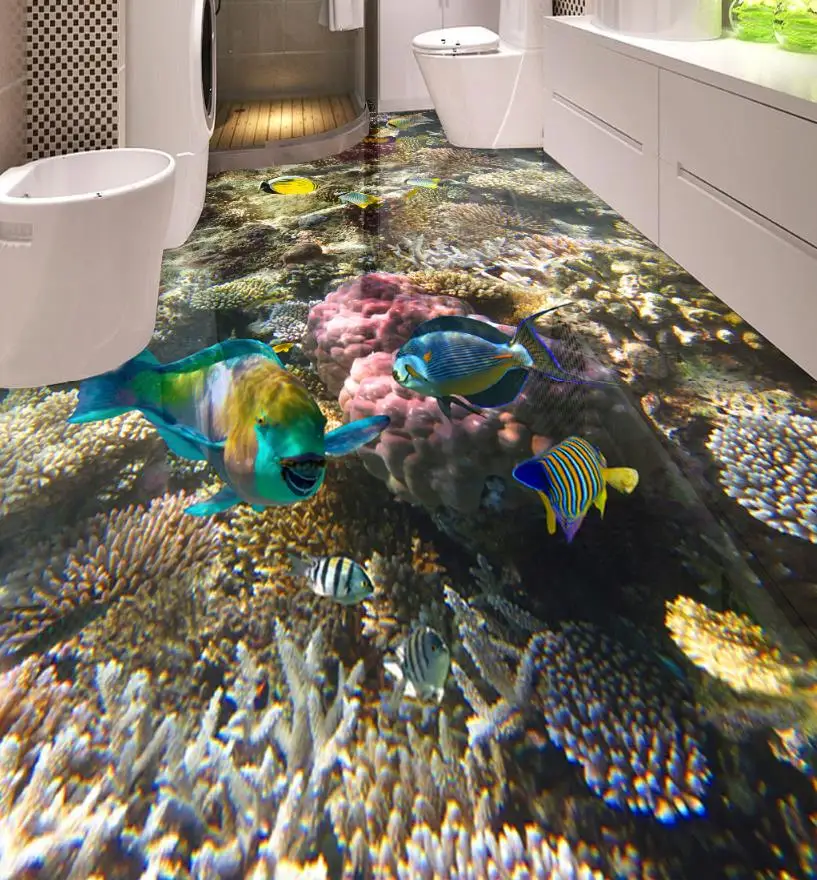 3D полы водонепроницаемые обои для ванной комнаты коралловые Тропические рыбы