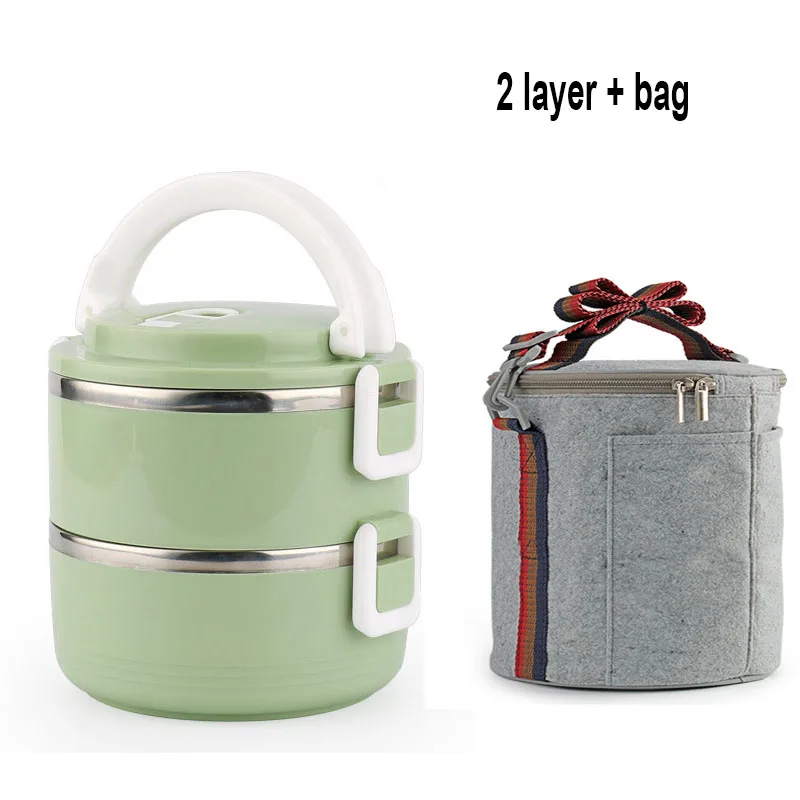 2 Layer (Green) Bag Японский Ланч-бокс, термоконтейнер для еды, Bento box из нержавеющей стали, ланчбокс для детей, портативный, для пикника, школы, утолщенный контейнер для еды - Цвет: 2 Layer (Green) Bag