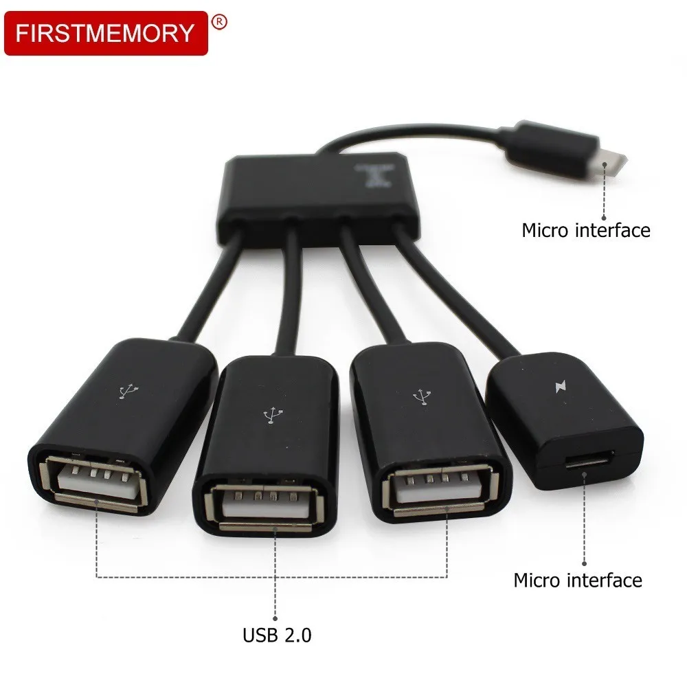 Черный 4 Порты и разъёмы Micro USB Мощность зарядки OTG Кабель концентратор для