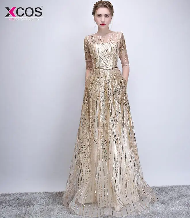 as the picture shown Vestido de festa, шикарные вечерние платья с золотыми блестками, с рукавом до локтя, ТРАПЕЦИЕВИДНОЕ ПЛАТЬЕ С глубоким вырезом, Роскошные вечерние платья в арабском стиле, платья для официальных мероприятий - Цвет: as the picture shown