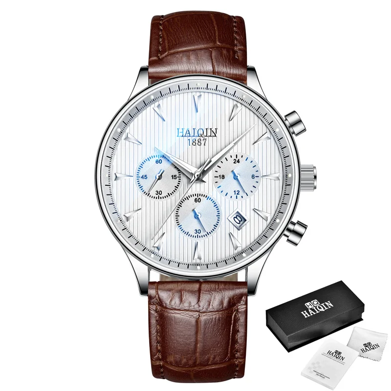Sliver-white HAIQIN, новые мужские часы, спортивные мужские часы, Топ бренд, Роскошные мужские часы, золотые кварцевые wriswatch, мужские военные кожаные часы, Reloj hombres - Цвет: Sliver-white