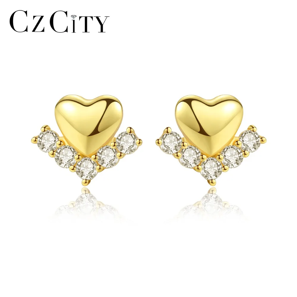 

CZCITY New 100% 925 Silver Sterling Solid Heart Stud Earrings for Women with Shining Zircon Small Earrings Fine Jewelry Brincos