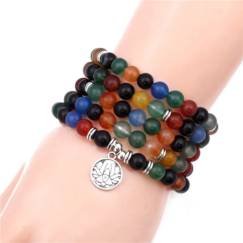 

Natural stones beads Yoga Meditation Energy bracelet Buddhist prayer Bracelet women long Sweater Necklace with Lotu Pendant