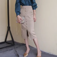 free shipping 2021 fashion long knee length autumn and winter high waist vintage stretch pencil skirt with slit women s l button