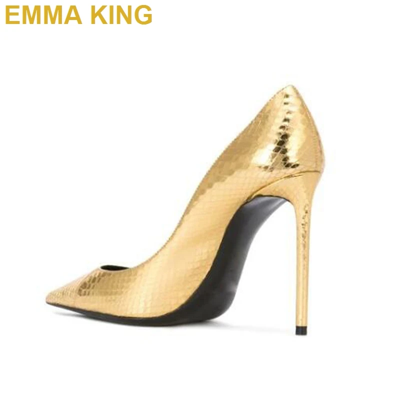 

Fashion Gold Snakeskin Leather Women Pointed Toe Stiletto Thin High Heels Sexy Ladies Shoes Big Size 10