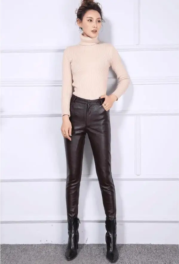 S-4XL г. Новые брюки из овечьей кожи женские корейские модные кожаные брюки больших размеров узкие брюки