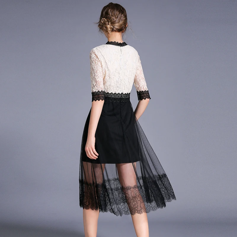 

JSXDHK Summer Fashion Dress High Quality Women Lace Patchwork Mesh A Line Dress Vintage Sexy Hollow Out Midi Work Vestidos