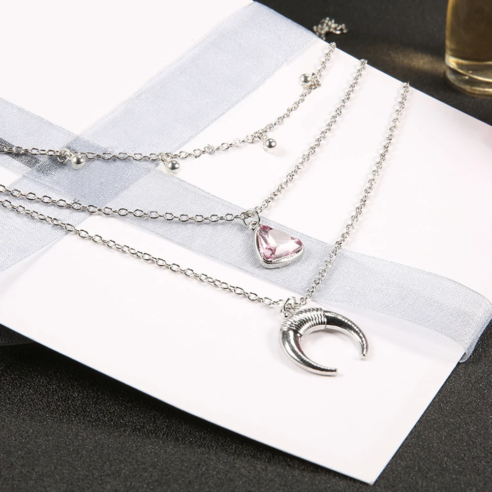 3 Pcs/Set Women Fashion Pink Crystal Moon Bead Pendant Silver Color Multilayer Clavicle Chain Retro Beach Necklace Jewelry | Украшения и