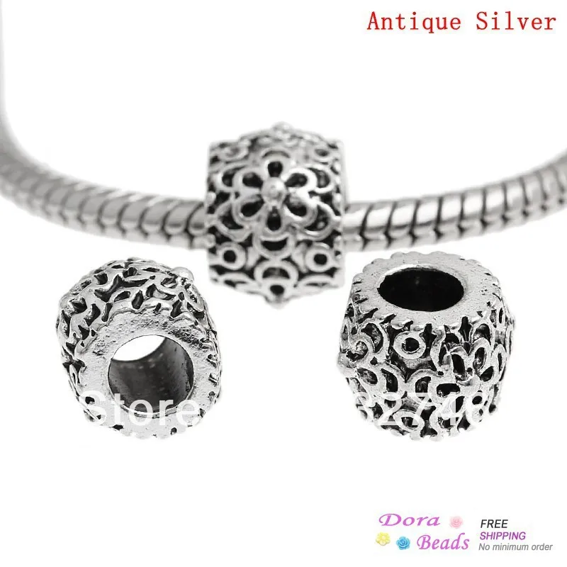 hot- European Charm Beads Barrel Antique Silver Flower Pattern Carved About 9mm x 8mm Hole:Approx 4.5mm 20PCs (B32294) | Украшения и