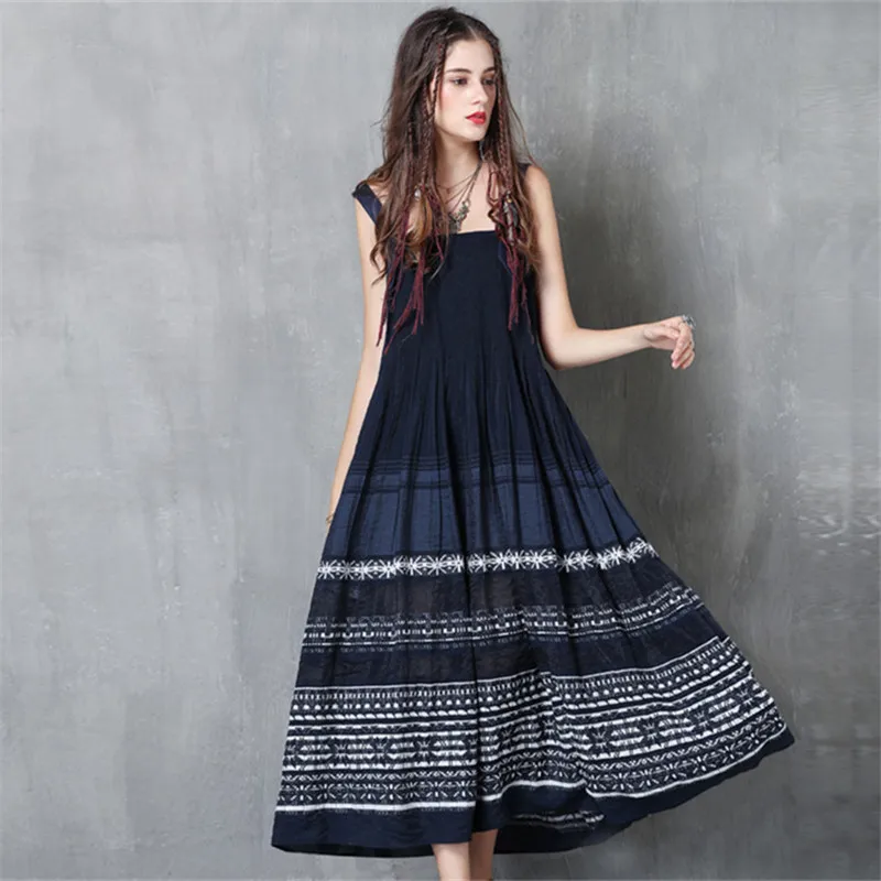 Женское винтажное платье из полиэстера и хлопка трапеция без бретелек с вышивкой