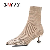 enmayer new arrival women fashion stretch fabric pointed toe slip on boots lady mixed colors thin heel boots zyl823