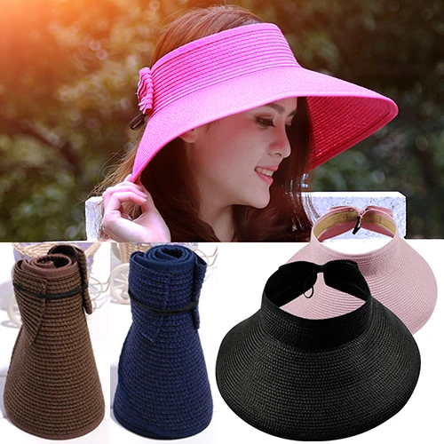 

Girl Lady Beach Sun Visor Foldable Roll Up Fashion Wide Brim Straw Hat Cap