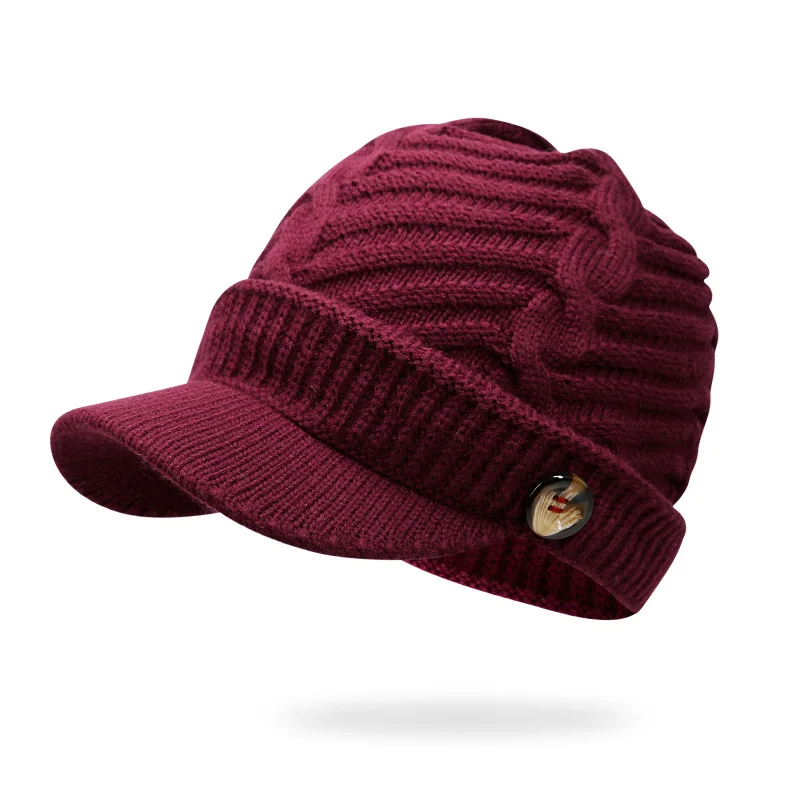Lanmaocat Knitting Hat Men Women Winter Knitting Hats Warm Cap with Visor Wool Winter Knitting Hats Free Shipping - Цвет: wine red