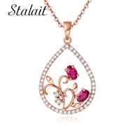 design luxury water drop elegant pendant with mirco paved cubic zircon red flower necklace champagne gold color jewelry