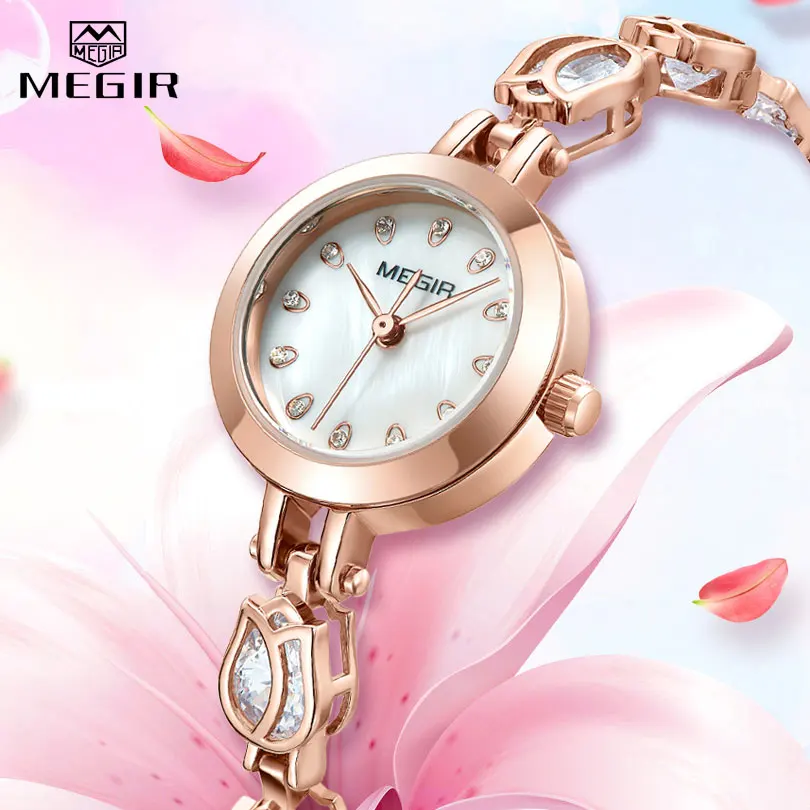 Женские наручные часы MEGIR роскошные кварцевые с латунным ремешком и кристаллами