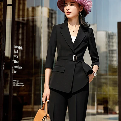 Black Pant Suits Женский элегантный Черно-белый брючный костюм с поясом, модный формальный симметричный блейзер с длинным рукавом и брюками, рабочие костюмы 4XL - Цвет: Black Pant Suits