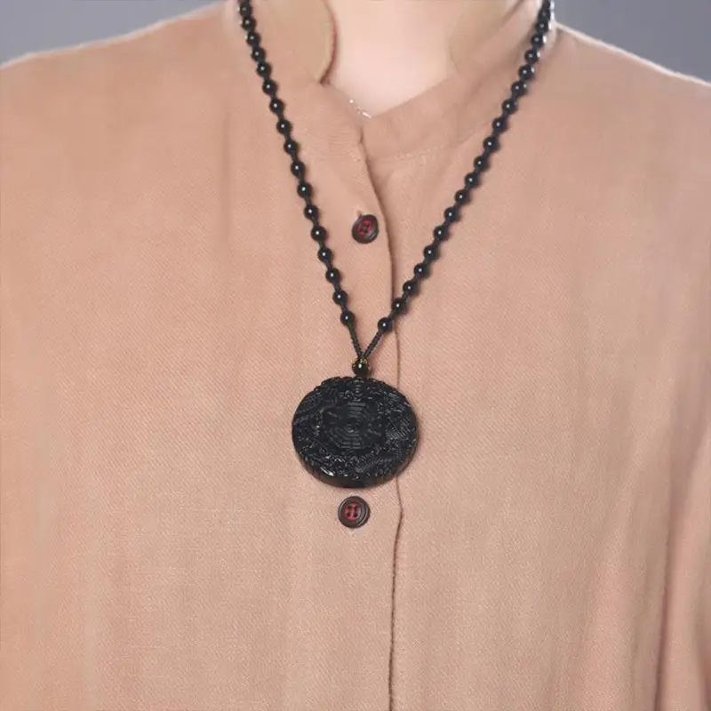 Ожерелье с подвеской на удачу натуральный обсидиан резной китайский дракон