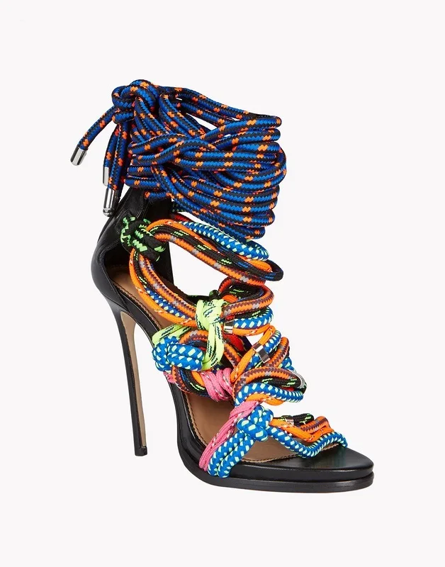 

Fashion Women Gladiator Mixed Color String Cross-Tied Hollow Out Cover Heel Sandals Spring And Summer High Heel Lace Up Shoes