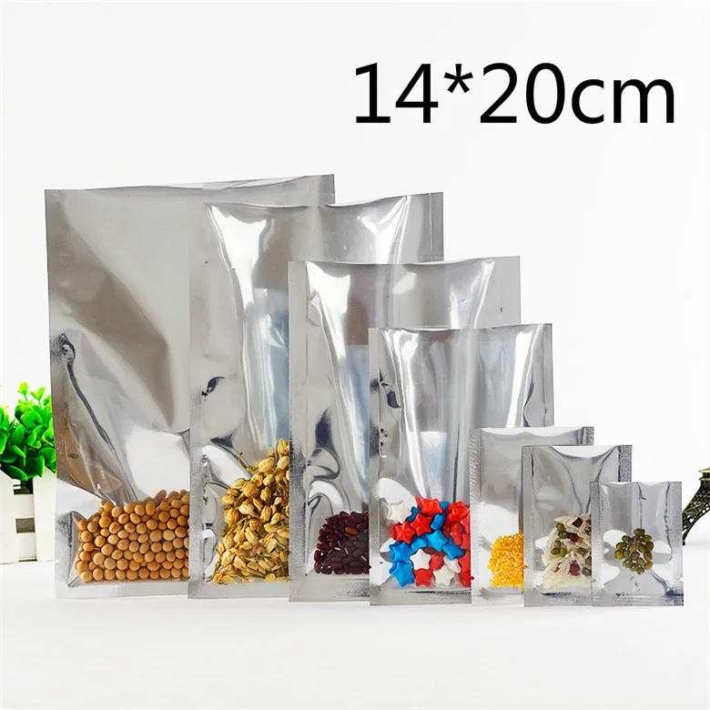 

14*20cm Silvery Top Open Plating Aluminum Foil Heat Sealable Food Storage Plastic Bags Clear Coffee Tea Packaging Vacuum Pouch