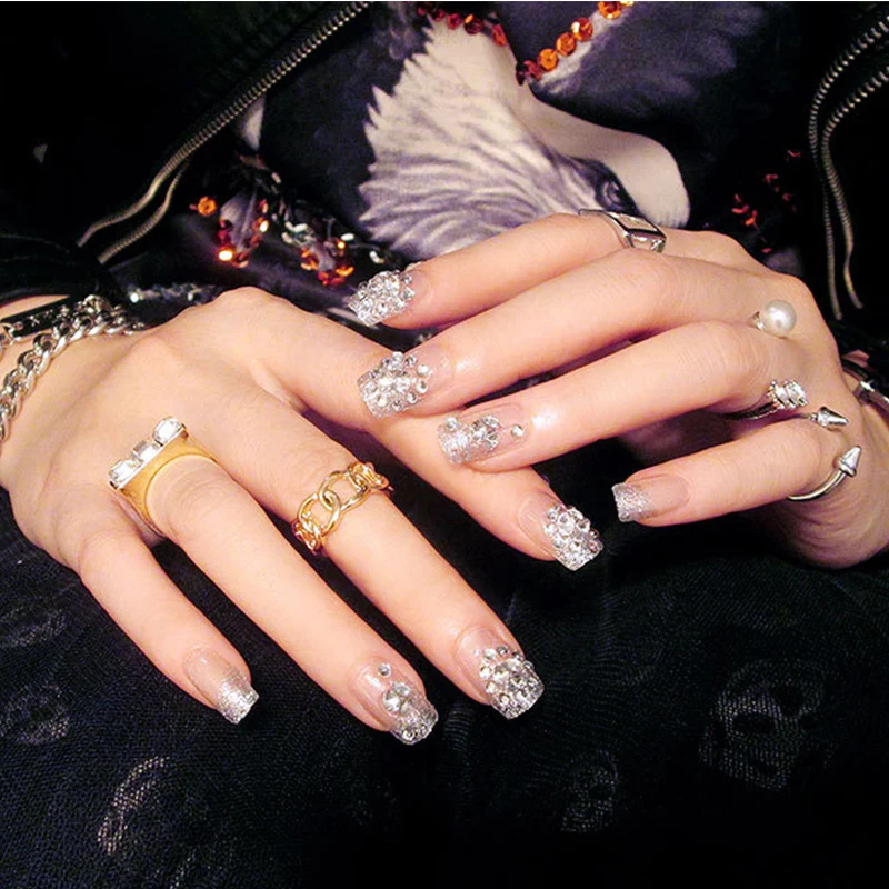 24pcs/Set Silver False Nails Fashion Girls Press on Nail with Glue Shinny Crystal Rhinestones Full Artificial Finger Fake | Красота и