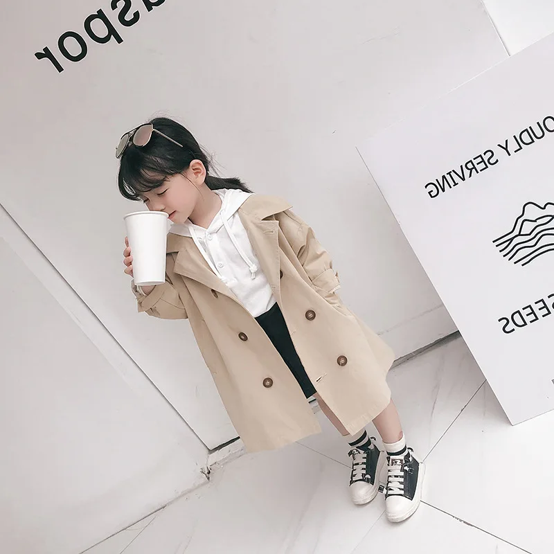 DFXD двубортный плащ цвета хаки с длинным рукавом в английском стиле для девочек