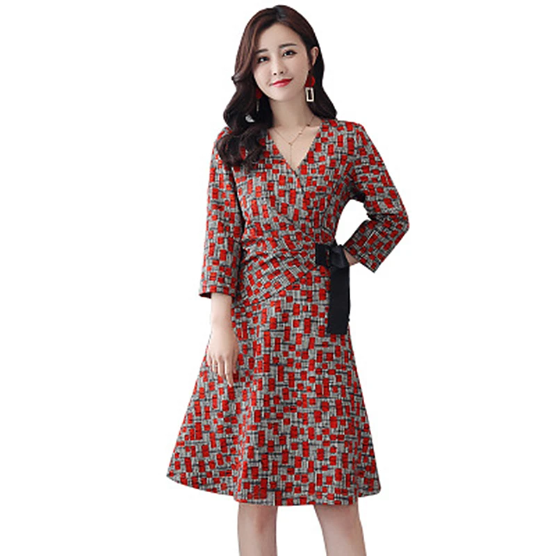 

2019 Spring New Waist Slim Slimming Women's Fashion Elegant Print V-neck Long-sleeved High Waist A-shaped Large Size Dress