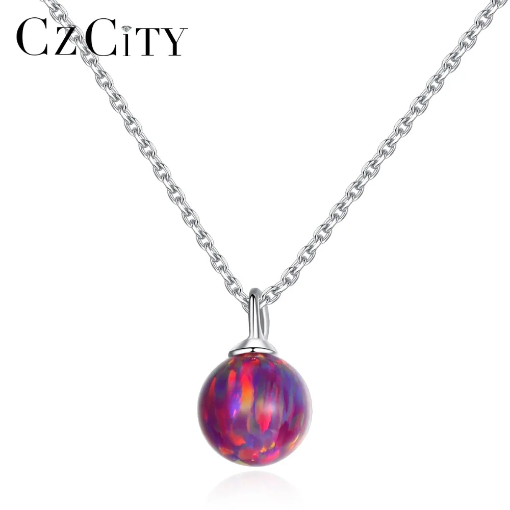 

CZCITY Fantastic 925 Sterling Silver 6mm Red Round Ball Fire Opal Birthstone Pendant Necklace for Women Charming Choker Jewelry