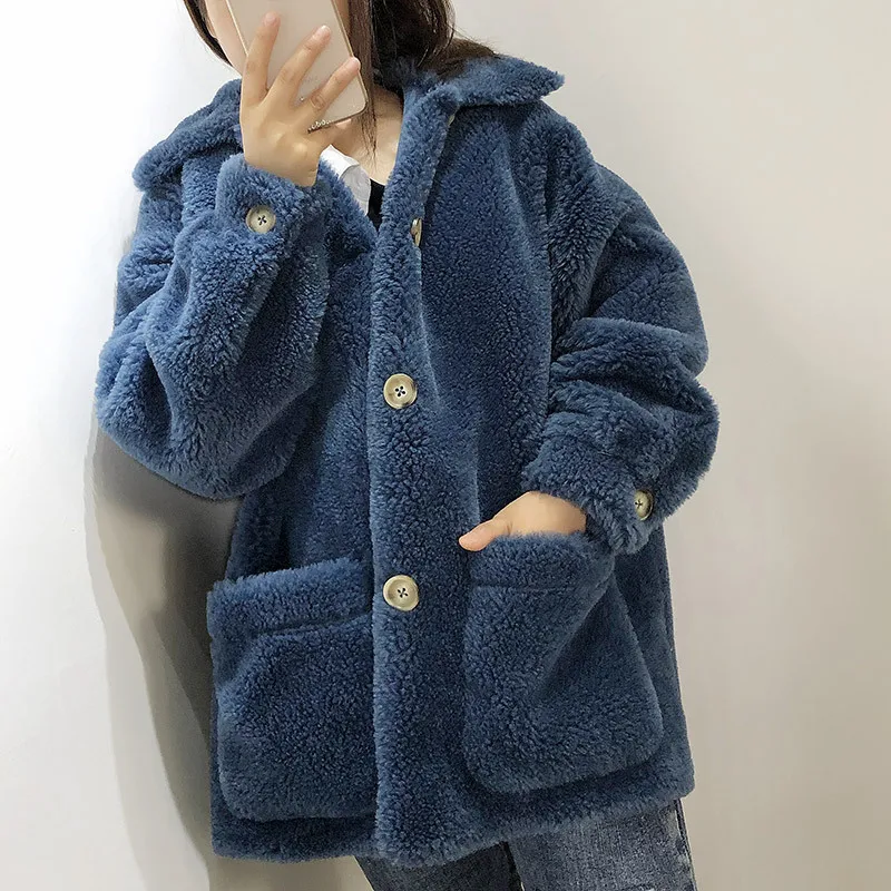 WSYORE Female Lamb Fur Coat New Autumn and Winter Women Loose Fur Jacket Outwear Thick Long Sleeve Fur Coats NS1313 - Цвет: navyblue