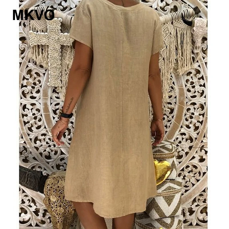 Женское летнее платье из хлопка и льна с v-образным вечерние вырезом коротким