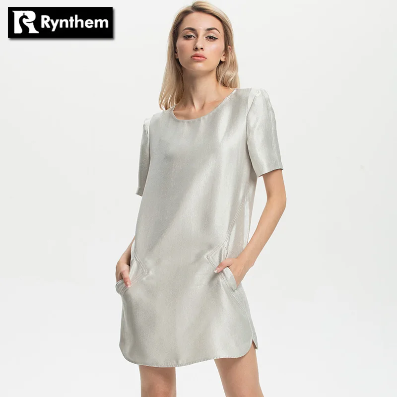 Rynthem Для женщин модные осенние платья с короткими рукавами карманов круглым