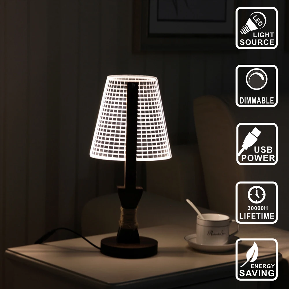 Декоративная лампа из дерева со светодиодной лампой, светильник из дерева, акриловое 3D иллюзионное освещение, светодиодная современная настольная лампа для жилых помещений, ночник с микро USB IY804004.