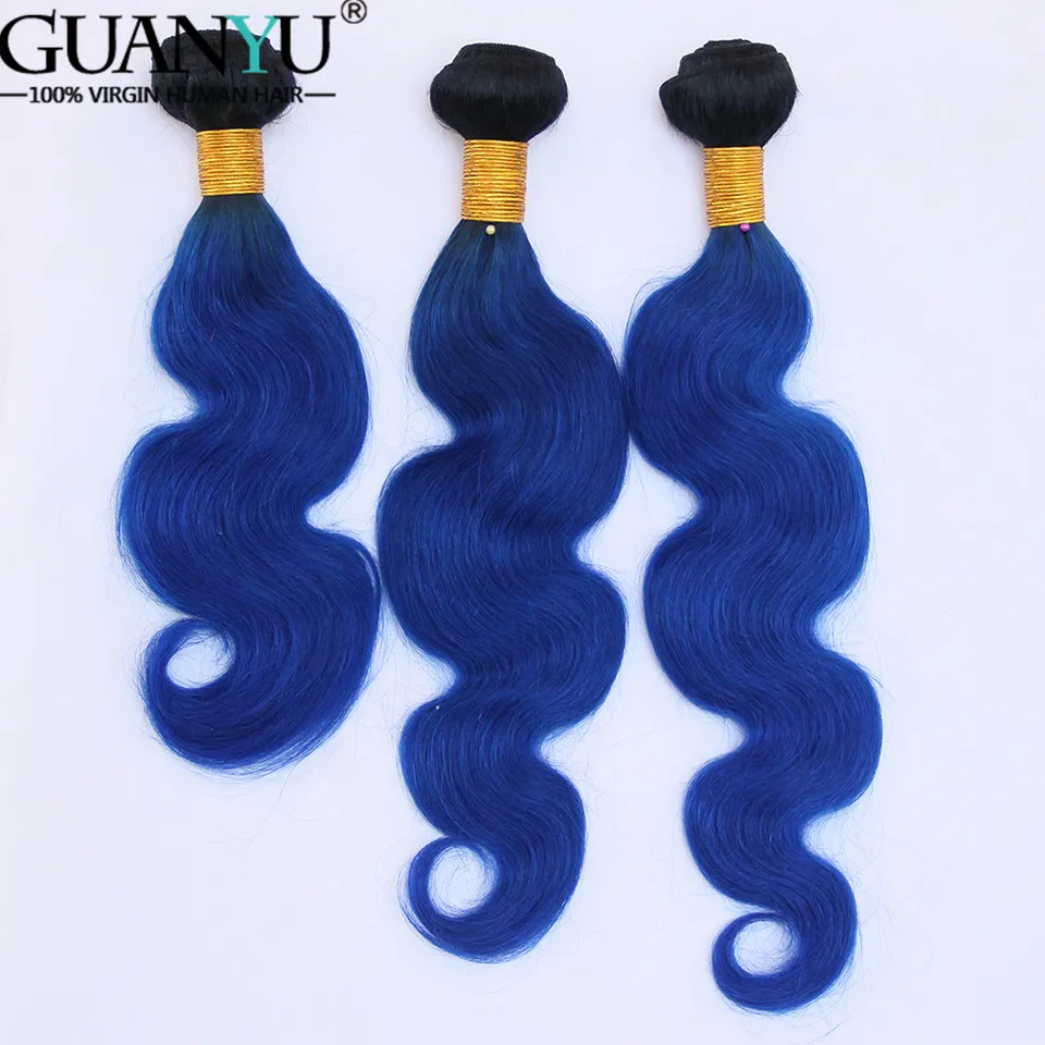 Guanyuhair Ombre # 1B/синий 3 Связки с 13x4 синтетический Frontal шнурка волос синтетическое