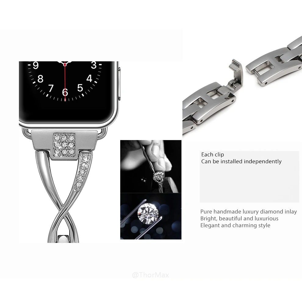 Женский ремешок для часов Apple Watch 38 мм/42 мм/40 мм/44 мм бриллиантовый из нержавеющей