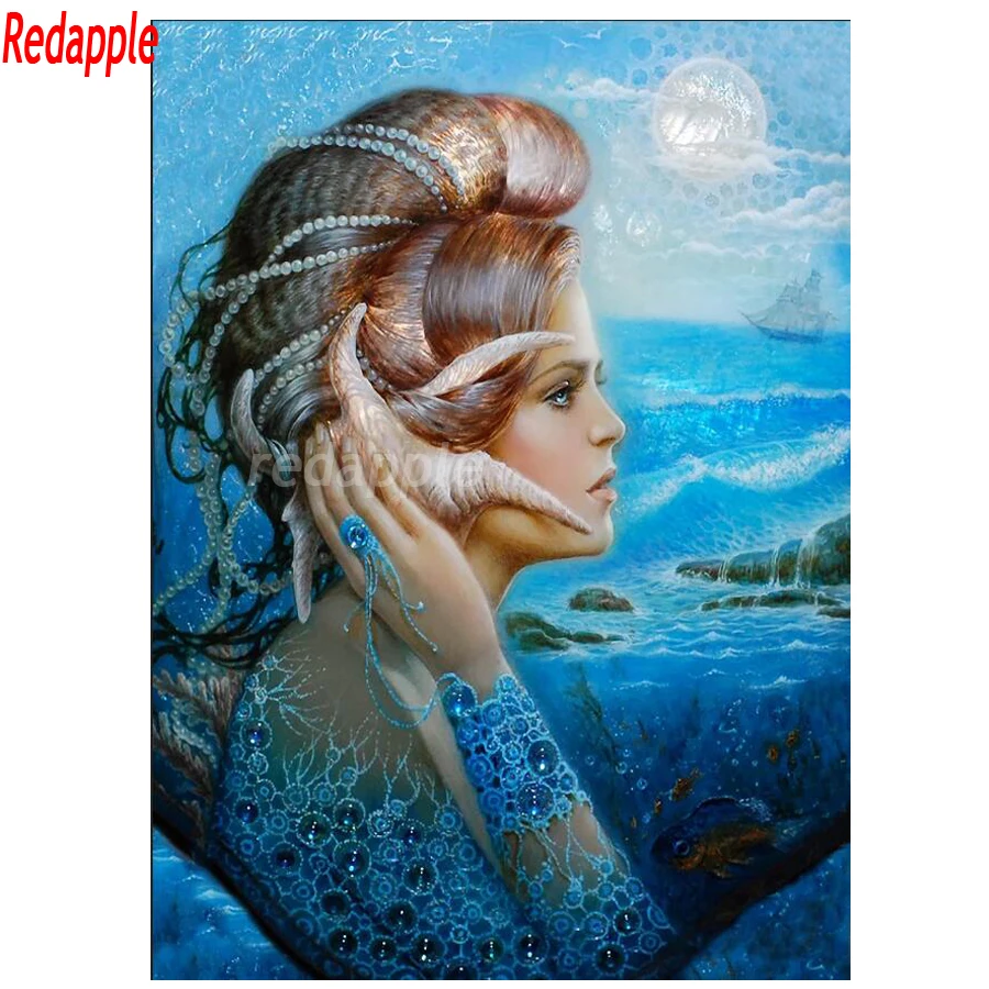 

diamond embroidery portrait picture diy diamond painting girl with starfish mosaic blue sea landscape decoration room 5d cross s