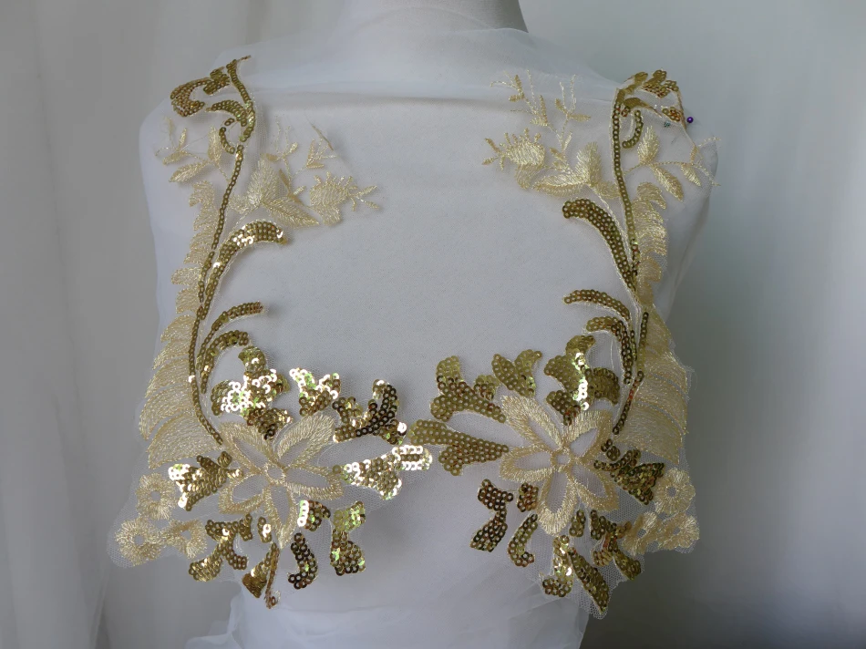 1 пара Золотые Аппликации из кружева с пайетками 33*16 см Вышивка Золотая швейная