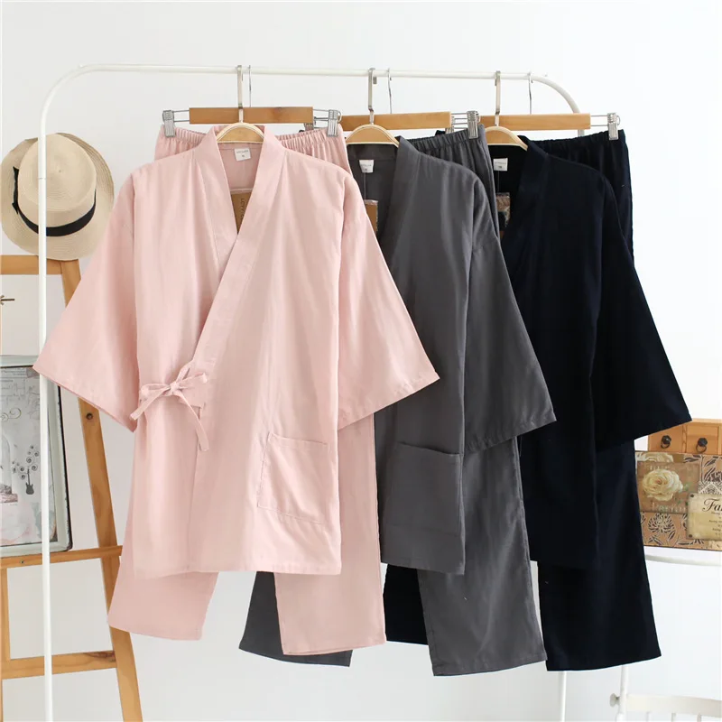 

100% Cotton Men Japanese Pajamas Sets Simple Kimono Yukata Girl Loose Nightgown Sleepwear Bathrobe Leisure Wear Lover Homewear