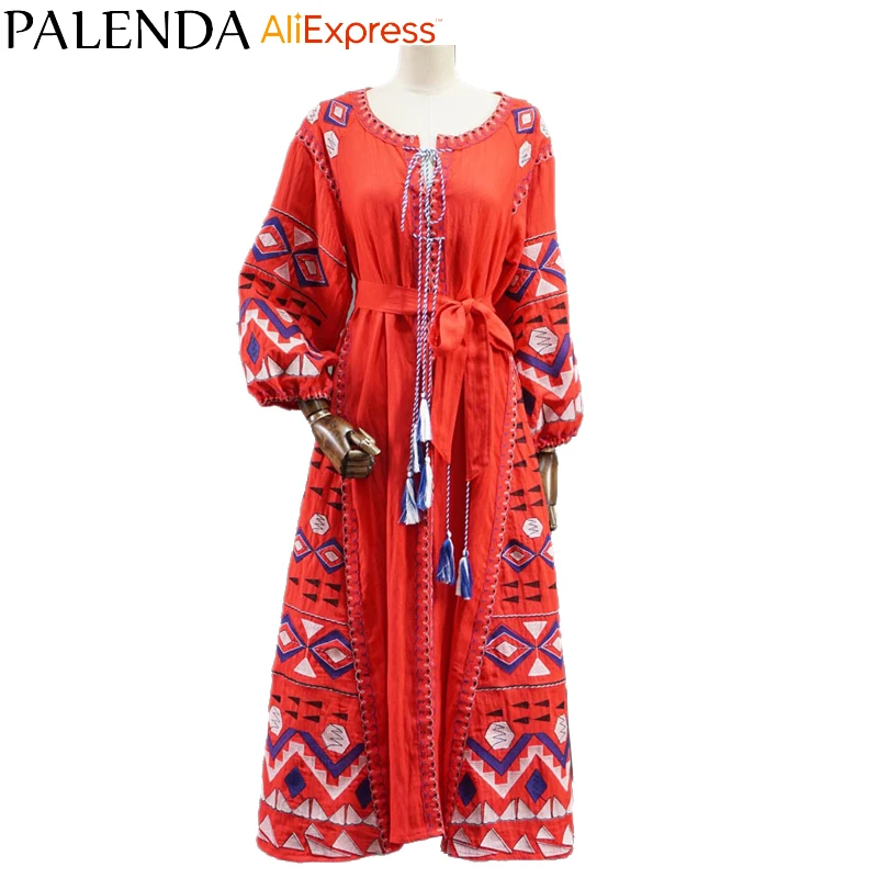 Платье макси с вышивкой в богемном стиле длинное Хлопковое платье Кафтан