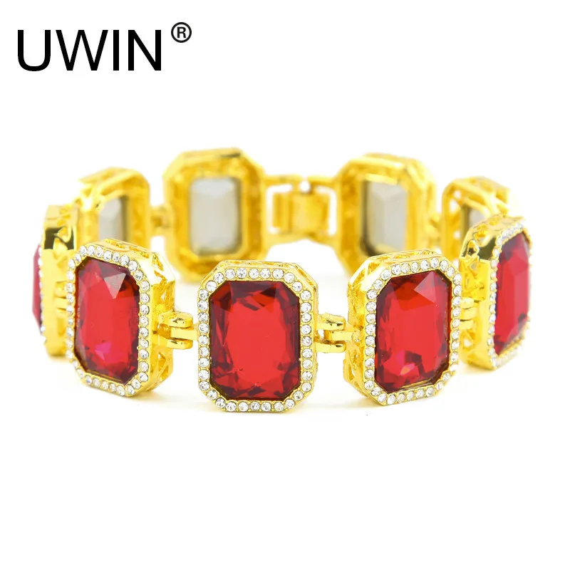 Мужской браслет в стиле хип хоп UWIN золотистого цвета со стразами квадратной