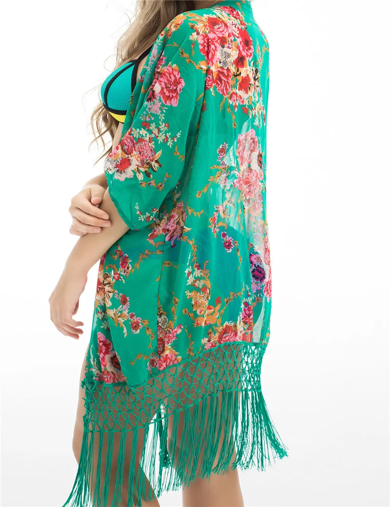 2016 New sexy Women Swimwear Beachwear Bikini Cover Up Exotic Floral Printing Lace Kaftan Fringes Tassels |