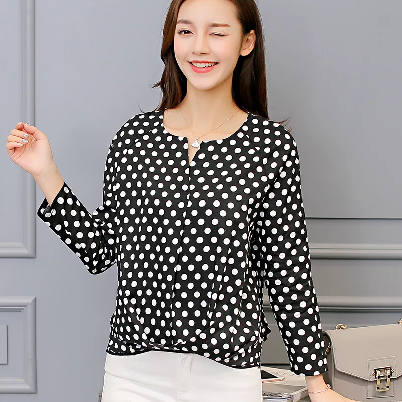 Black Shirt Women Clothing Long Sleeve O-Neck Cotton Blouse Shirt Korean Casual Shirt Fashion  Polka Dot Female Top