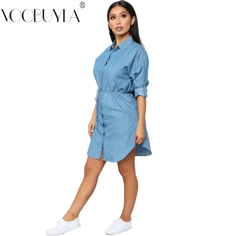 Voobuyla джинсовое платье с длинным рукавом Одежда для женщин 2019 элегантное весеннее