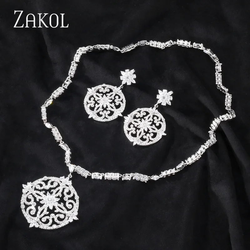 ZAKOL новейший большой круглый фианит микро инкрустация ожерелье серьги набор