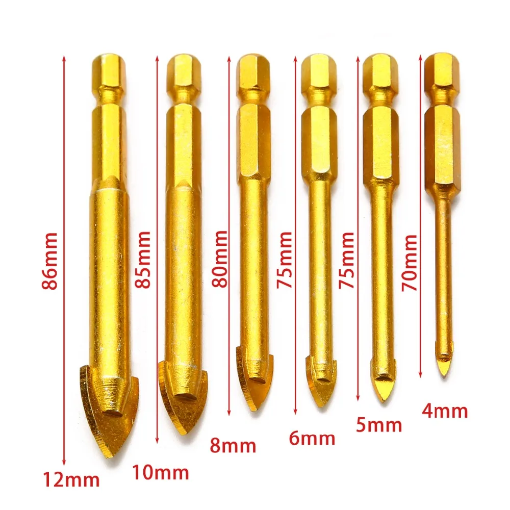

6Pcs Ceramic Tile Glass Drill Bits 1/4" Hex Shank Kit For Chucks Cutter Bit Holder 4-12mm Power Tools Accessories Mayitr