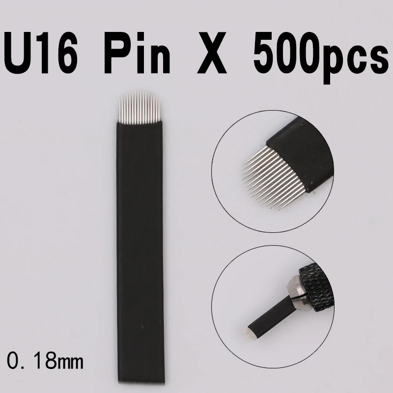 Black Microblading Needles 0.18mm U Shape 16 pins Blades Professional For Permanent Microblading Embroidery Pen 500pcs