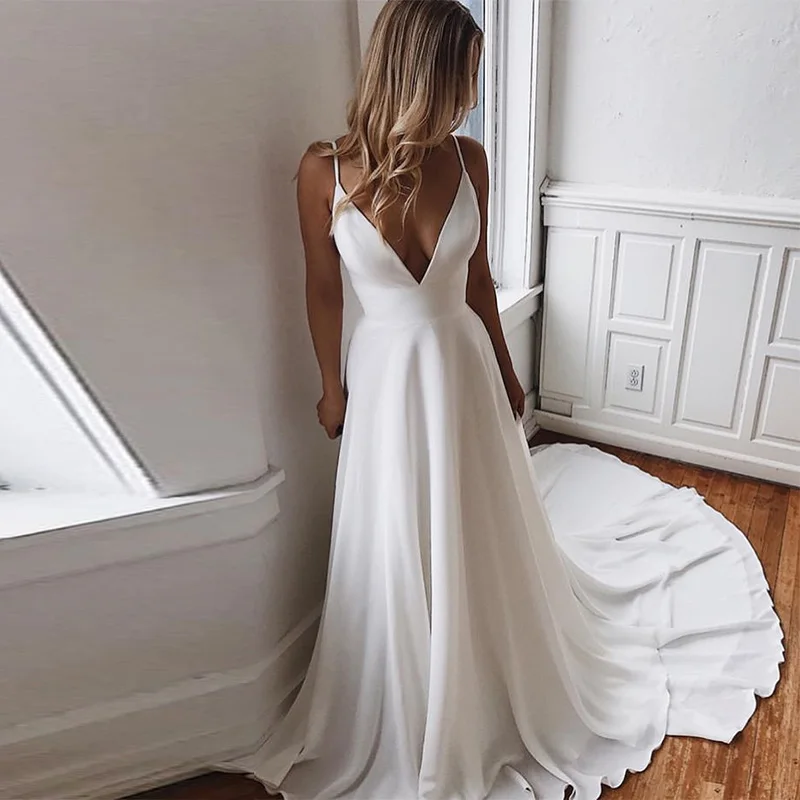 

Vestidos De Noiva простые белые свадебные платья цвета слоновой кости с глубоким v-образным вырезом и открытой спиной