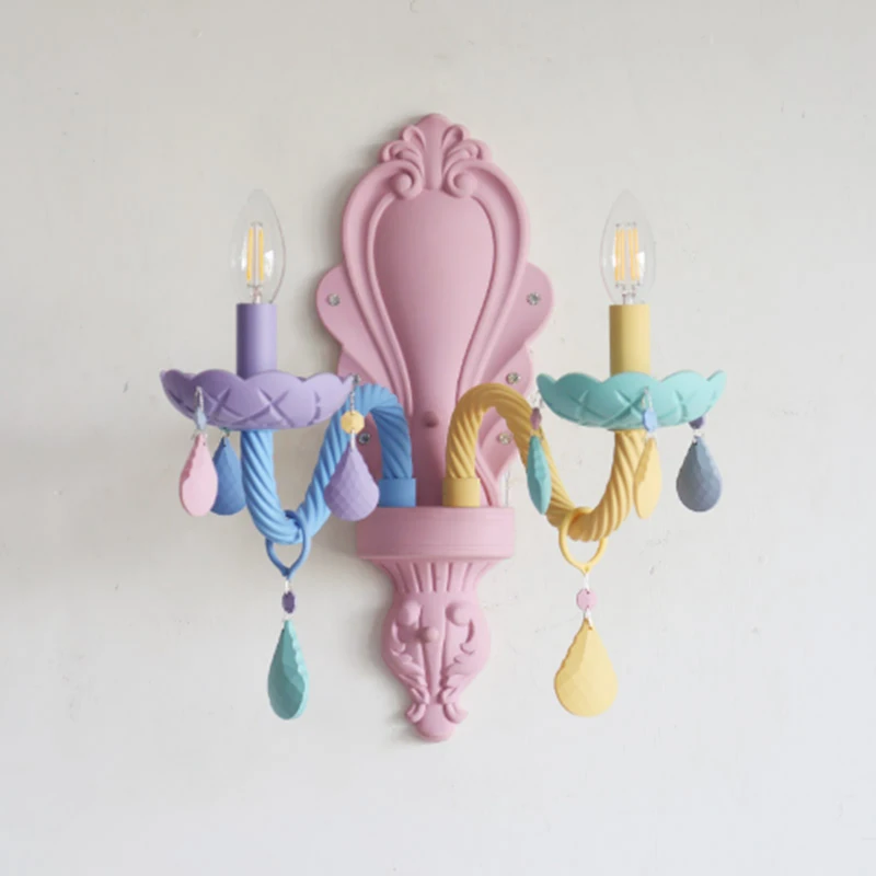 

Creative macarons color children's room decoration LED double head lighting wall lamp modern fairy pink glass crystal E14 bulb