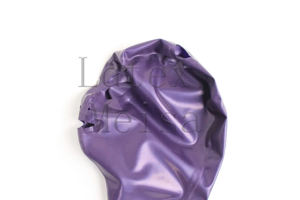 Metallic purple Fetish Latex hoods with hair holes and open eyes mouth nostrils attached back zip | Тематическая одежда и